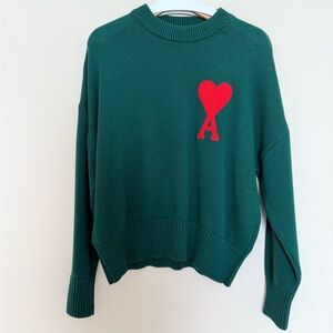 Ami Green Sweater with Red Heart Detail